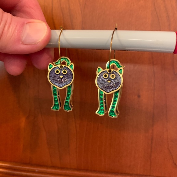 Edgar Berebi Jewelry - Berébi Dangling Green And Purple Enamel Layered Cat Pierced Earrings
